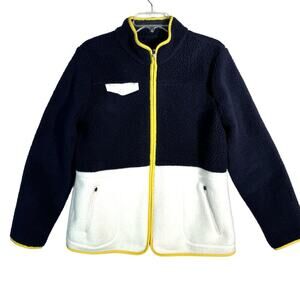 Talbots Colorblock Fleece Sherpa Zip Jacket Navy White Yellow Trim